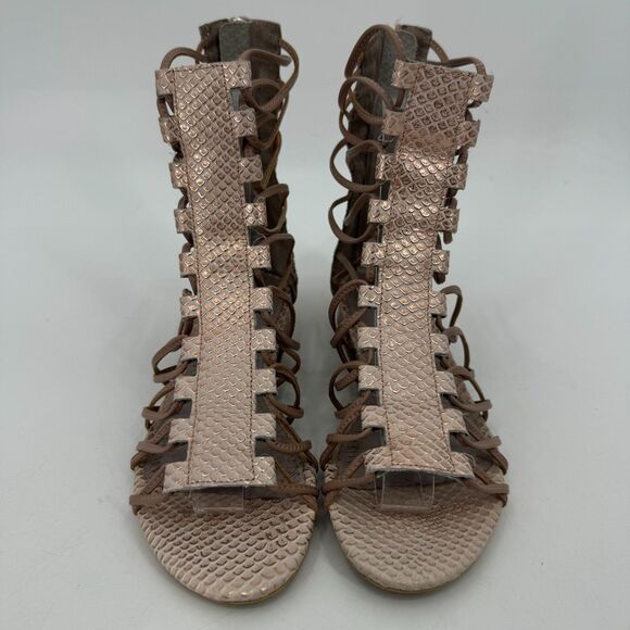 ANTHROPOLOGIE | PILCRO Light Pink Metallic Snakeskin Gladiator Sandals Size 5.5 - Picture 4 of 12